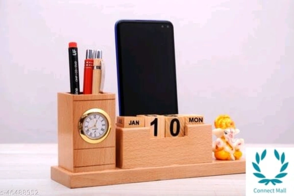 Graceful Wooden 5 In 1 Desk Organizer With Multi Holder - Pen Holders, Calender, Clock, Mobile Holder And Small Ganesh Idol - Wooden, Ganesh Idol, 1 Piece